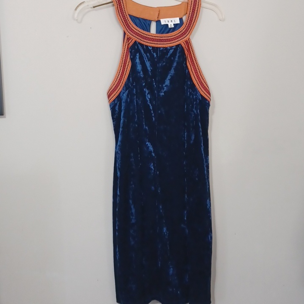 AnthropologieTHML Blue Velvet Halter Dress with Orange Trim. NWOT. Size M